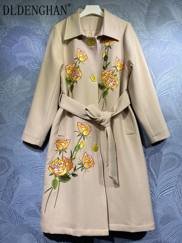 

DLDENGHAN Runway Designer Autumn Winter Trench Coat Women Turn-down Collar Long Sleeve Floral Embroidery Sashes Outwear Overcoat