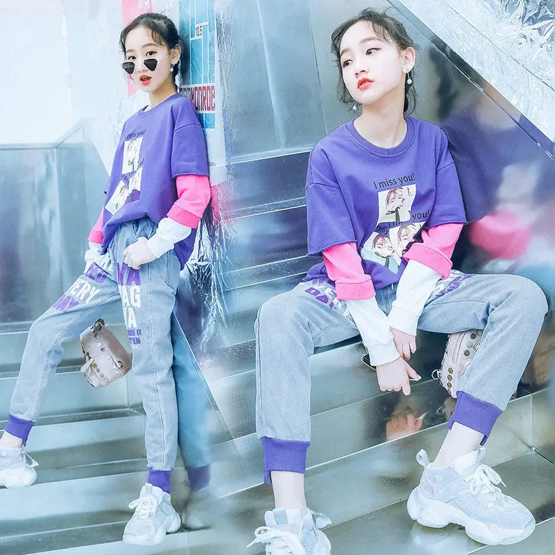 

Одежда для детей костюм для девочек 2020 детская одежда возраст размер на От 5 до 14 лет модная детская одежда свободные блузки + Модные Брюки Ве...