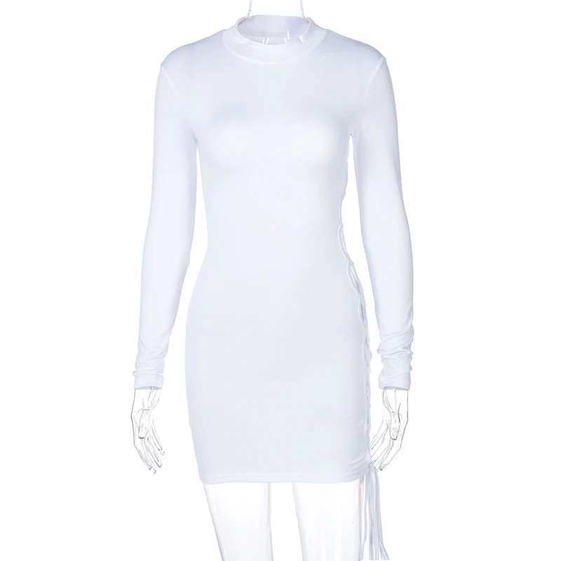 

2021 Long Sleeve Turtleneck Solid Cut Out Bangage Backless Sexy Dress Autumn Winter Women Fashion Party Outfits 2021