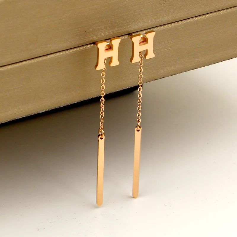 

Fashion H Letter Hanging Square Tassel Rose Gold Stud Earrings All-Matching Titanium Steel Mosaic Gold-Plated Ear Studs