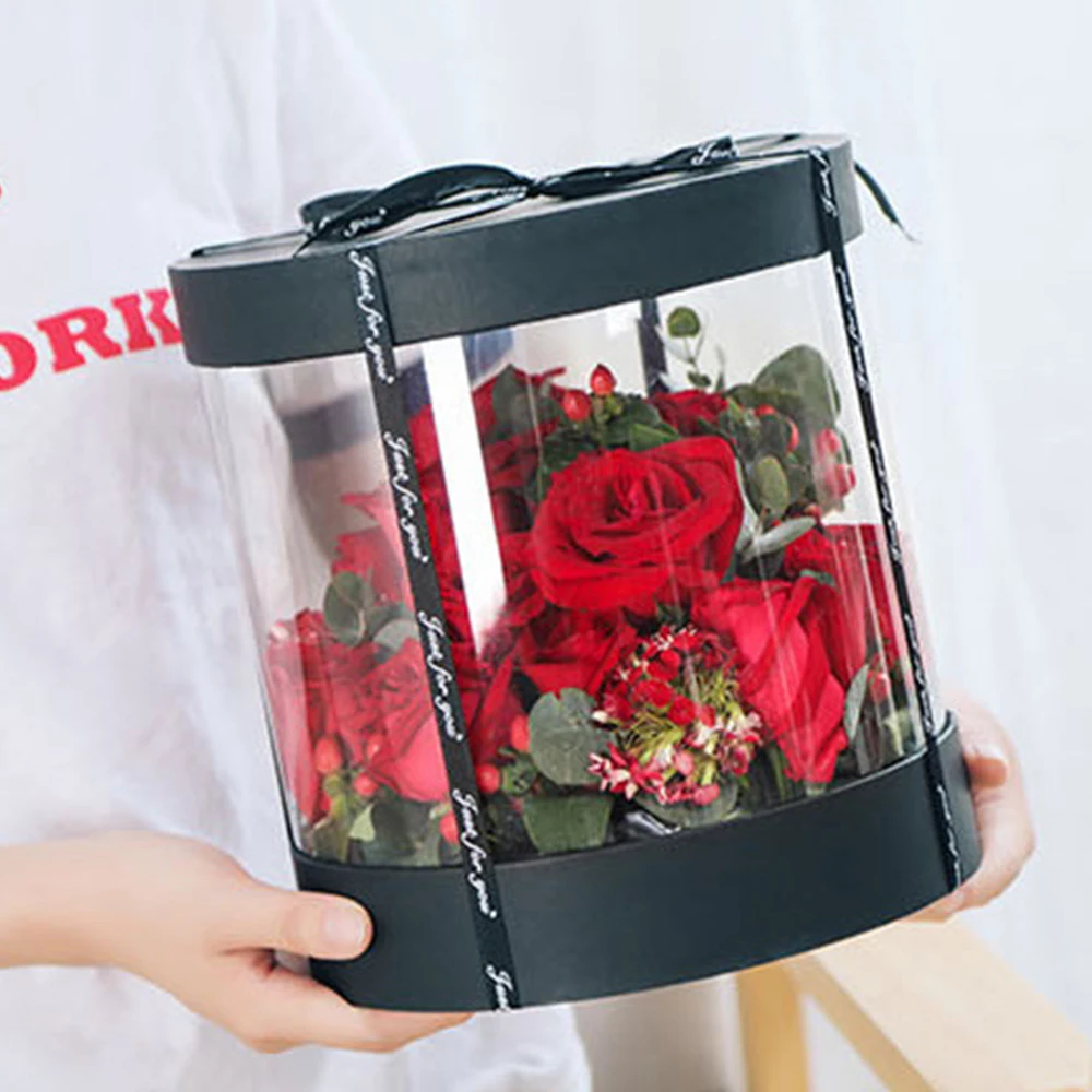 Es Hug Florist Flowers Bucket Transparent Cake Gift Box Ladies Presents Box Paper Packing Case Lid Party