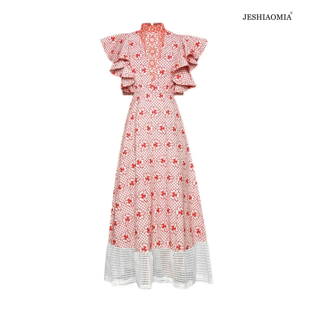 

2021 SPRING STAND COLLAR EMBROIDERED RUFFLE LACE PATCHWORK DRESS