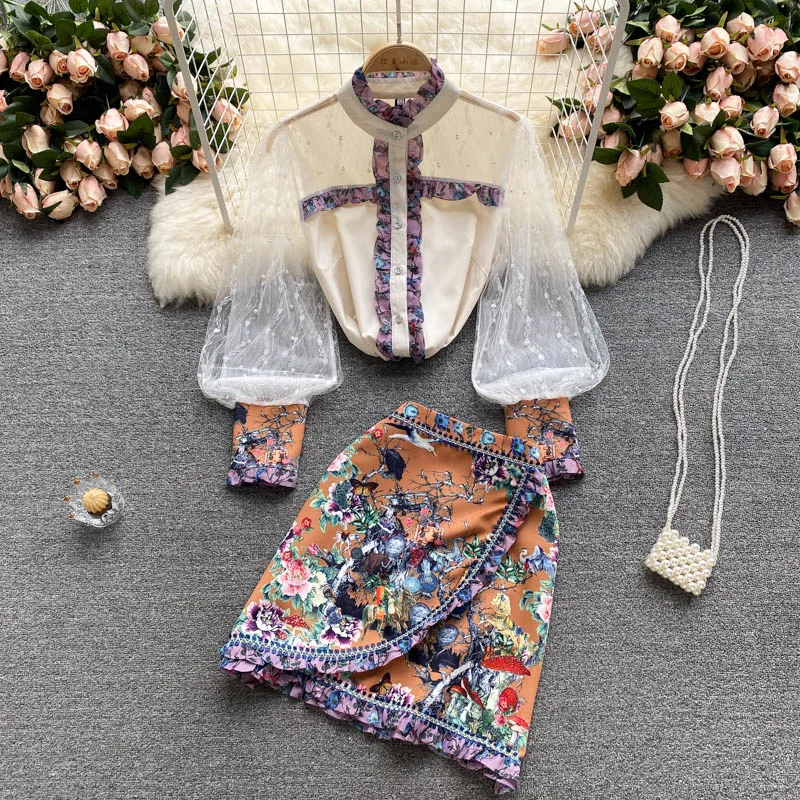 

2021 Women Luxury Elegant Irregular Print Dress Sets Fashion 2 Piece Summer Sets Retro Women Hollow Mesh Long Sleeve Dress Set
