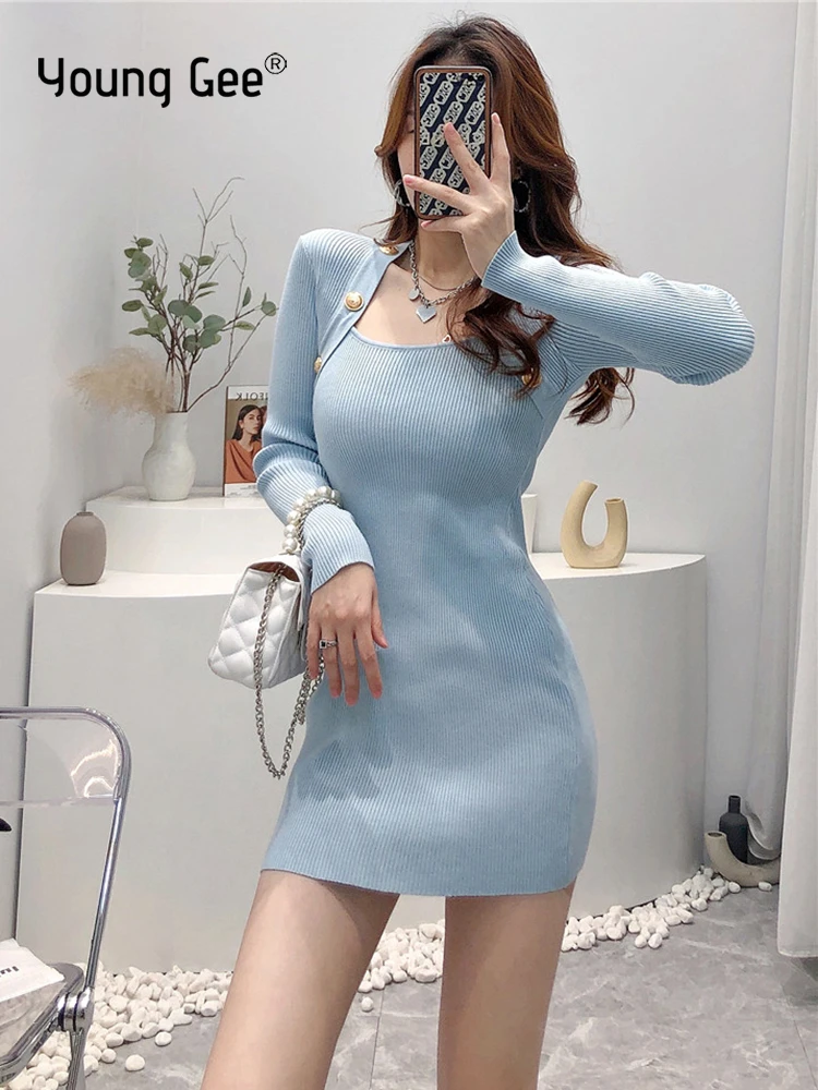 

Женское трикотажное мини-платье Young Gee, однотонное тонкое платье-футляр с квадратным воротником в Корейском стиле для офиса, весна-осень