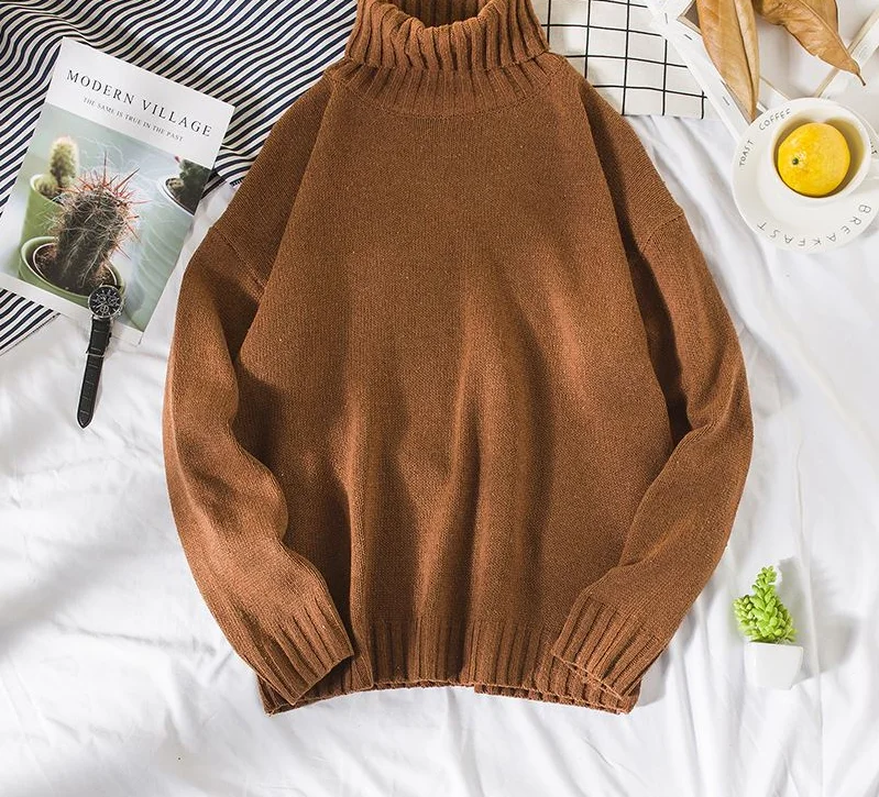 

BF Winter Warm Male Double Collar Tops Turtleneck Sweater Solid Knitted Mens Sweaters Casual Loose Pullover Oversized Sweater