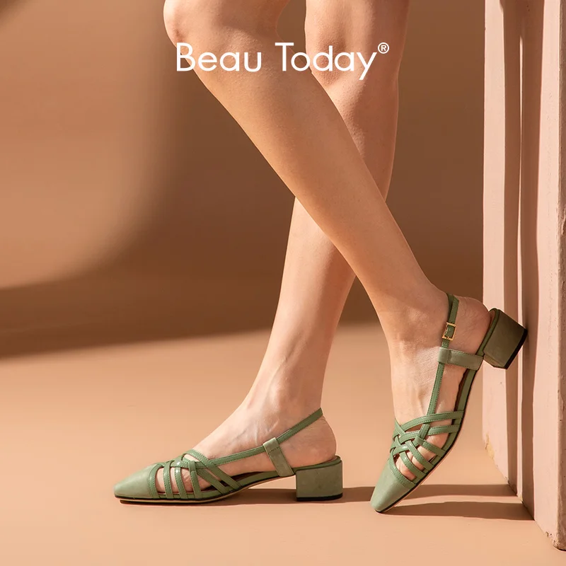 

Босоножки BeauToday женские кожаные, Узкие Плетеные туфли из бычьей замши, с закрытым носком, на пятке, на среднем каблуке, лето 31121