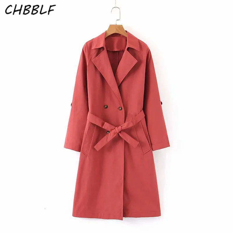 

CHBBLF women stylish red trench coat bow tie sashes pockets double breasted coat female office wear tops XDL2269