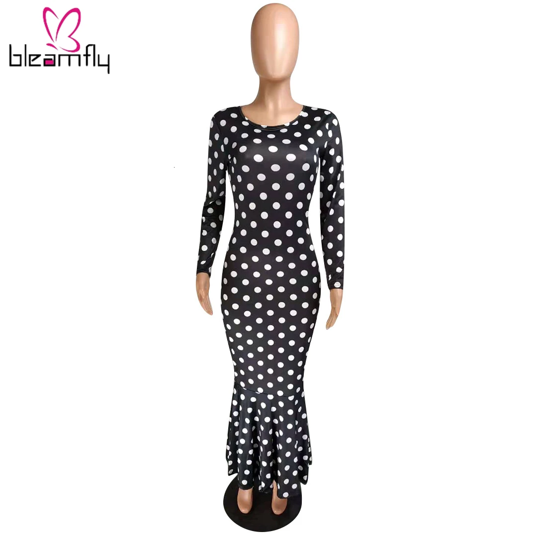 2019 женское осеннее платье до середины икры с оборками и принтом в горошек длинным