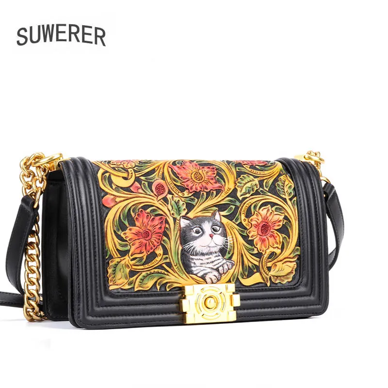 

SUWERER High Quality Luxury Handbags Women Bags Designer Famous Brand Real Cowhide Genuine Leather Shoulder Bag Black