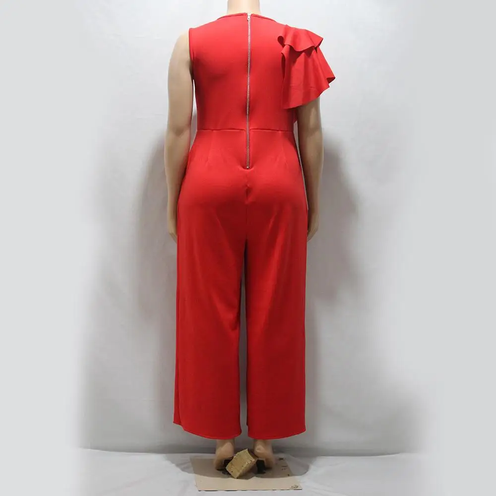 Loose Jumpsuits for Women 2020 Party Summer Sleeveless Round Neck Wide Leg Red Black Elegant Ruffles Long Office Lady Jumpsuits