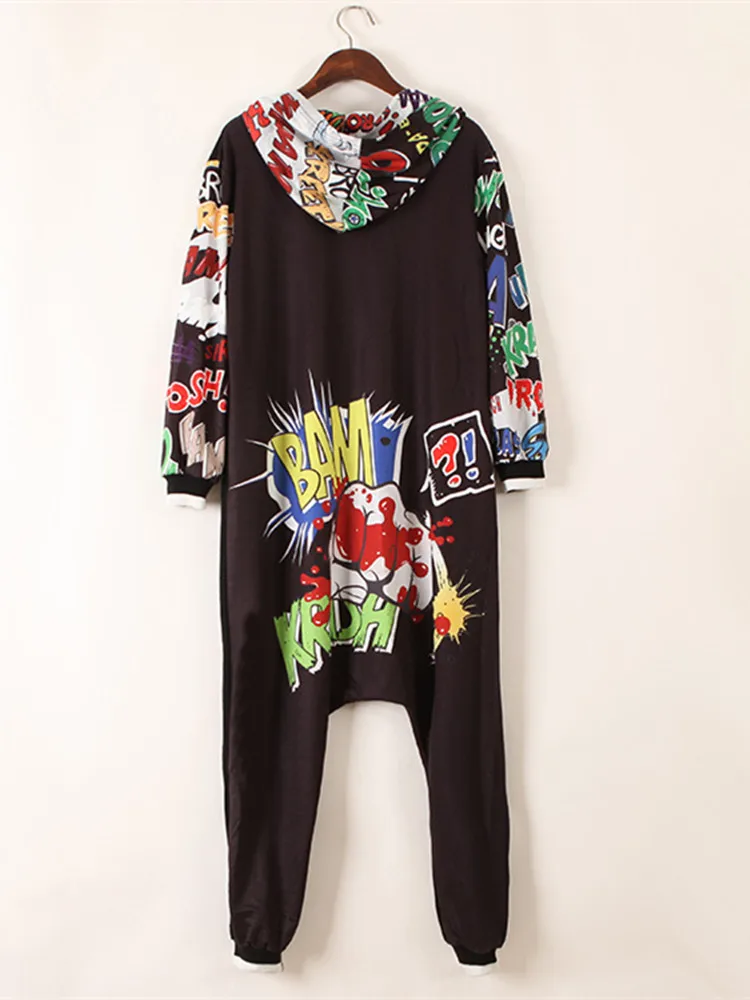 

Patchwork Hooded Jumpsuit women autumn 2020 Streetwear Hooded Long sleeve Romper Cartoon print Bodysuit Ladies loose Playsuits