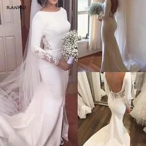 RANMO Mermaid Wedding Dresses with Long Sleeves Cut Out Lace Stretchy White Ivory Sexy Wedding Gown Custom Made Bride Dress