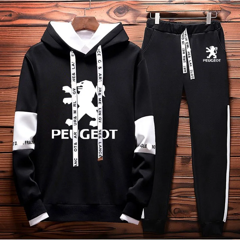 

Unisex Spring Autumn New Colorblock Men Sweatshirt suit Peugeot Car Logo pullover Cotton Men's Hooded+pants 2 piece set