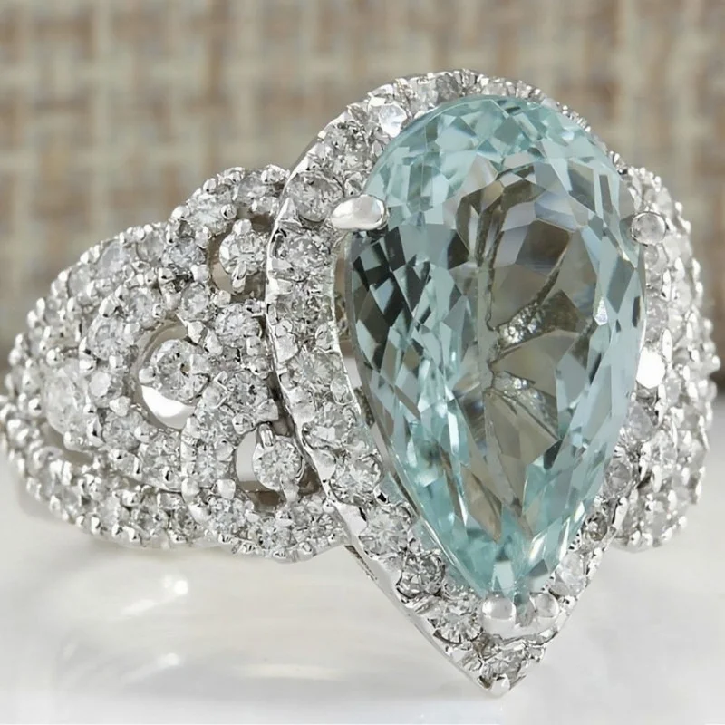 

Deluxe Fashion Sea Blue Diamond Female Engagement Wedding Ring Size 6-11