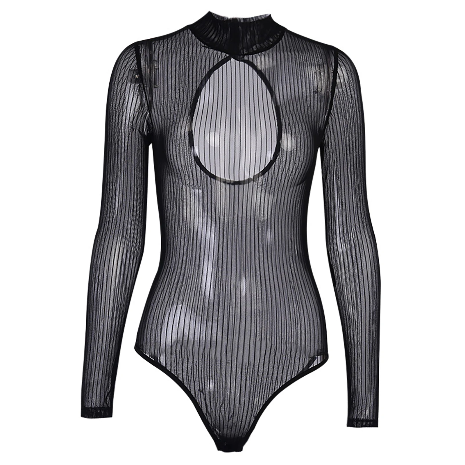 

Womens See-through Bodysuit Striped Mesh Bodysuit Mock Neck Long Sleeve Back Keyhole Leotard Clubwear sexy bodysuit