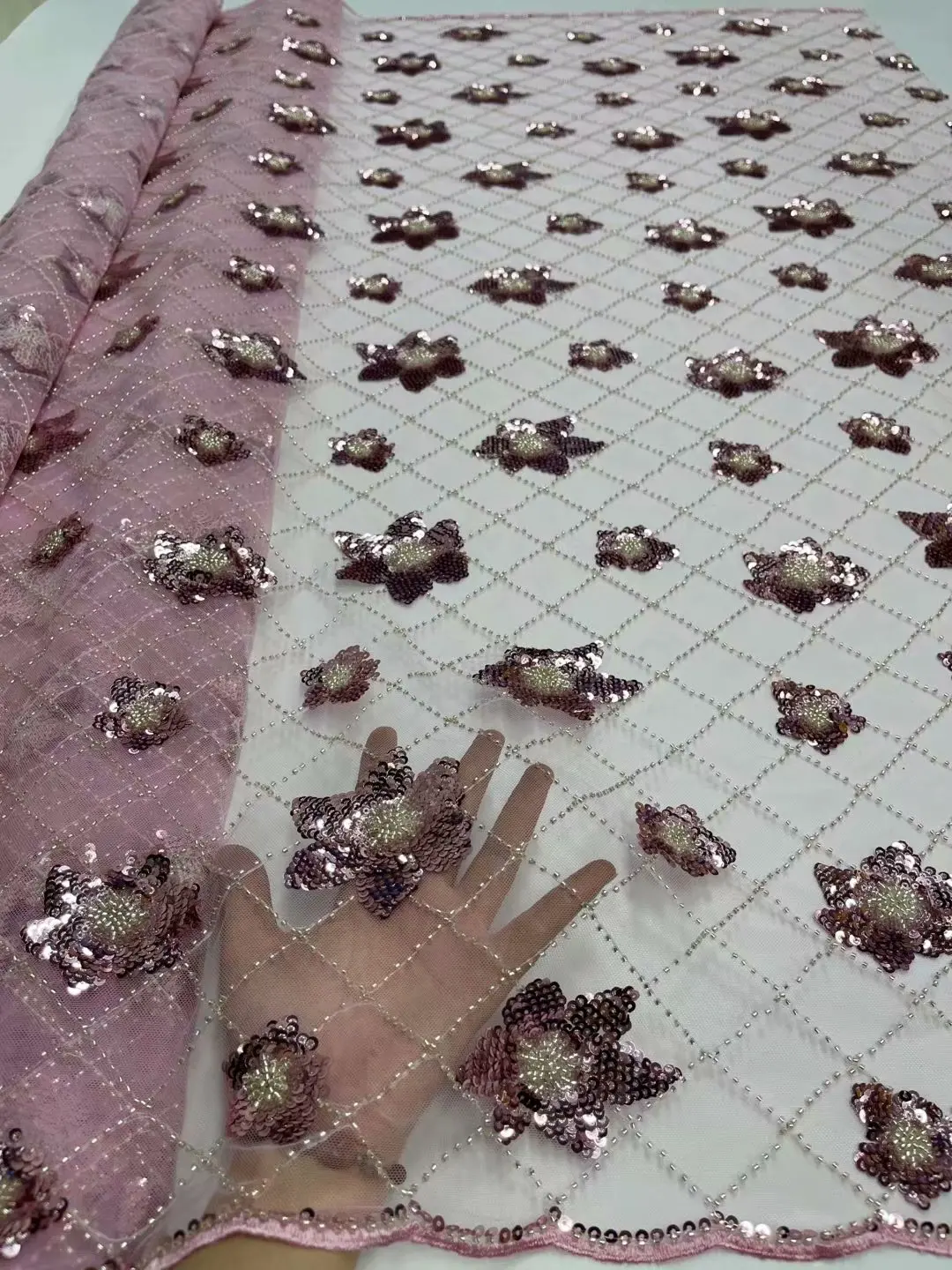 

2021Beaded High Quality Embroidery African Lace Shiny Sequins Flower French Tulle Net Lace Fabric Nigeria With Beads Lace Fabric