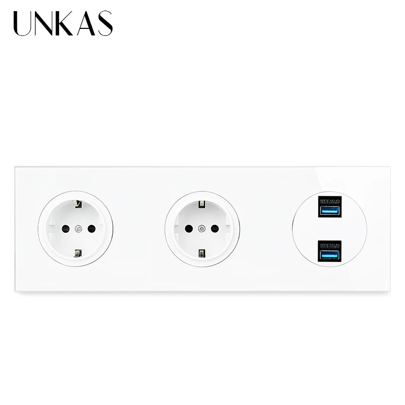 

UNKAS 16A Double EU Standard Wall Power Socket +Female Dual USB 3.0 Charging Port 258MM*86MM Tempered Crystal Glass Panel Outlet