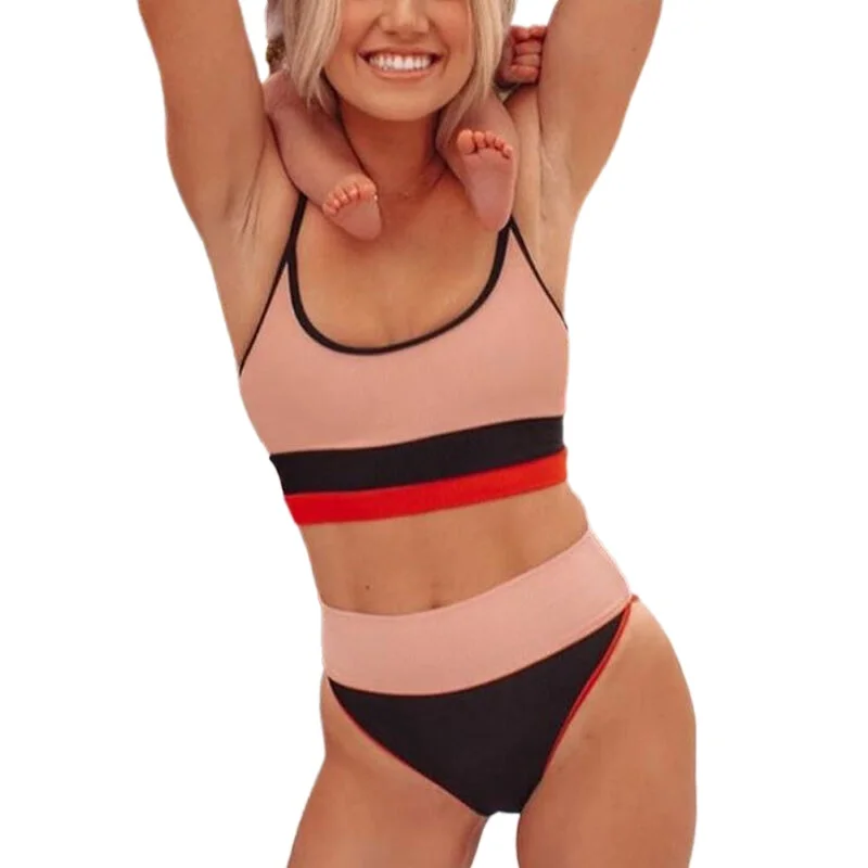 

Womens High Waisted Bikini Set Sports Color Block Bathing Suit Split Swimsuit