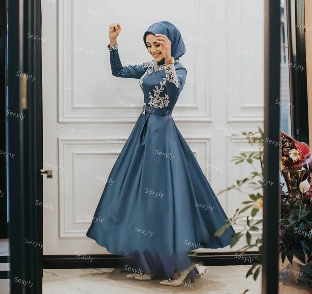 

Формальные пыльно-голубой арабский вечернее платье с хиджаб элегантное платье для невесты с длинным рукавом Короткие платья для выпускног...