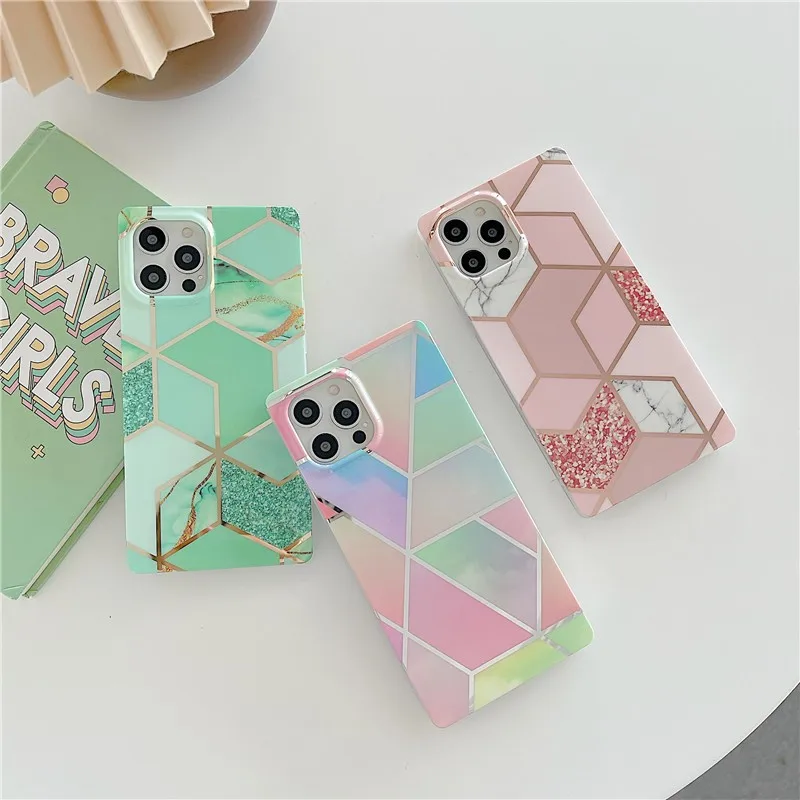 

Fashion Luxury Square Diamond Marbling Female Soft Case For Iphone 11 12 Pro Max 7 8 Plus Xr X Xs Se 2020 Phone Cover Fundas