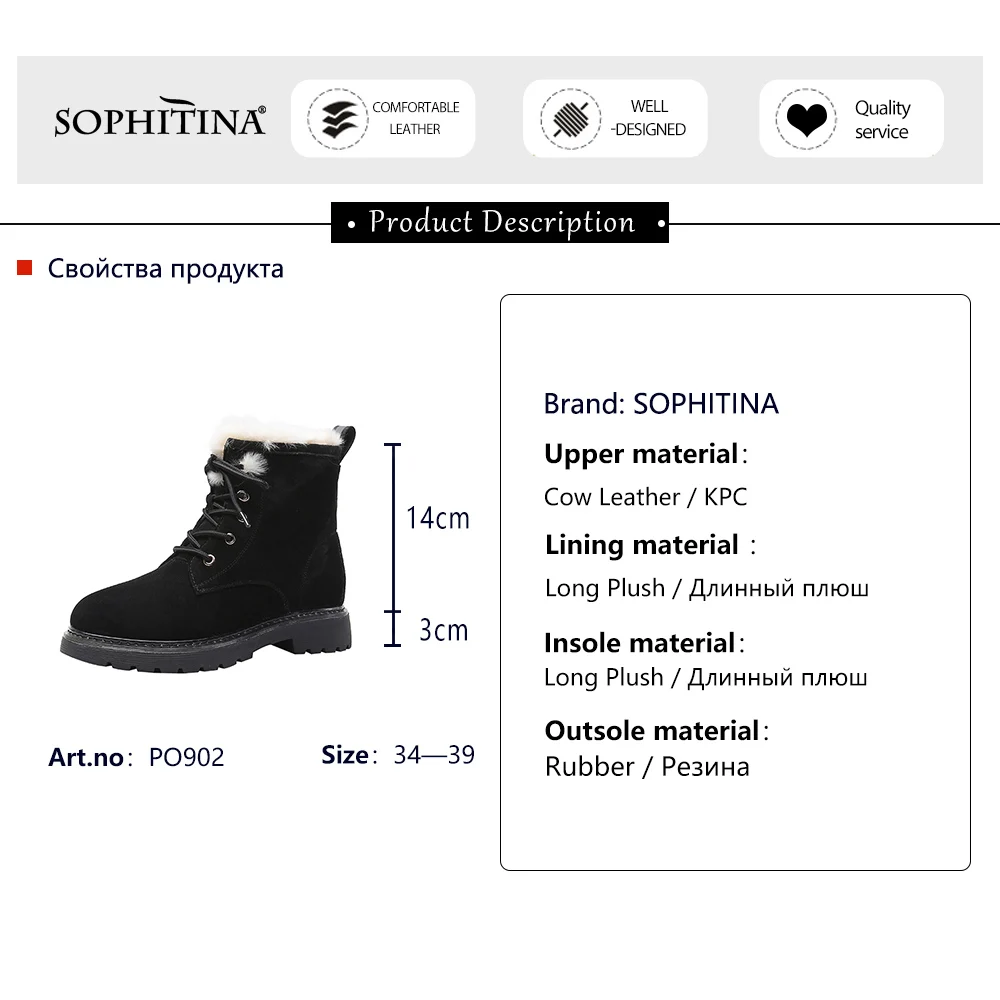 

SOPHITINA Winter Warm Ankle Martin Boots Woman Suede Fur Plush Insole Roudn Toe Low Square Heel Flat Shrot Boots Shoe PO902
