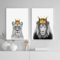 lion and lioness with crown canvas poster grassland king animal wall art print painting nursery picture for living room decor