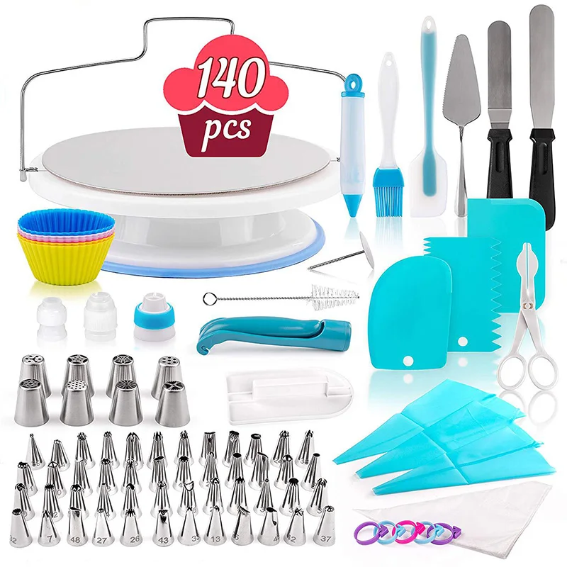 

140pcs Cake Turntable Set Decorating Mouth Set Non-slip Pastry Base Cake Garnishing Fondant Mold Kitchen Baking Tool Sets