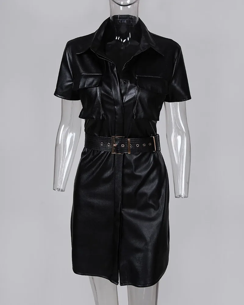 Высококачественное платье-рубашка из искусственной кожи с поясом и коротким
