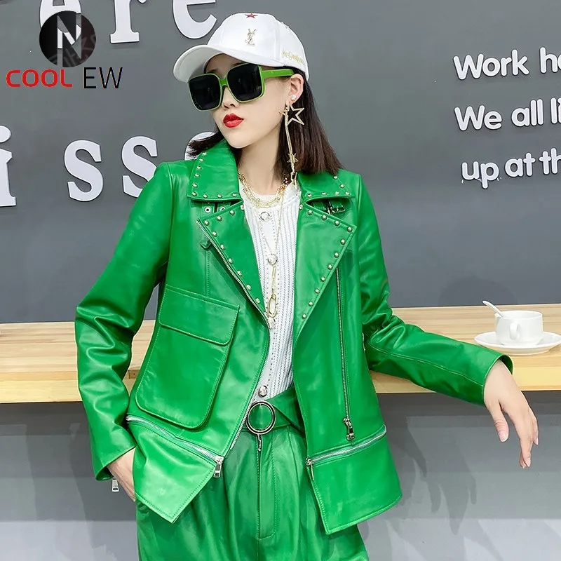 

Street Punk 100% Genuine Leather Jacket Women Zipper Rivet Motorcycle Jackets Personality Female Big Pocket Sheepskin Cargo Coat