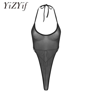 Женское прозрачное боди, трико с высоким вырезом, бретельками и открытой спиной, Прозрачное нижнее белье в сетку