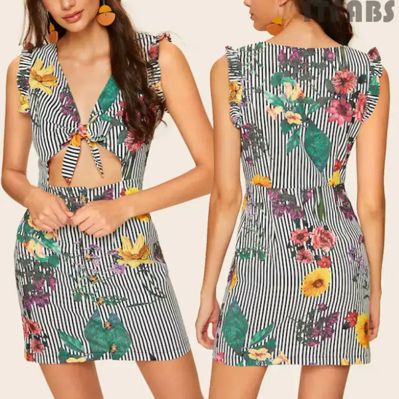 Women Summer Boho Print Sleeveless V-Neck High Waist Button Hollow Out Mini Dress Cocktail Party Sundress Beach Fashion | Женская одежда