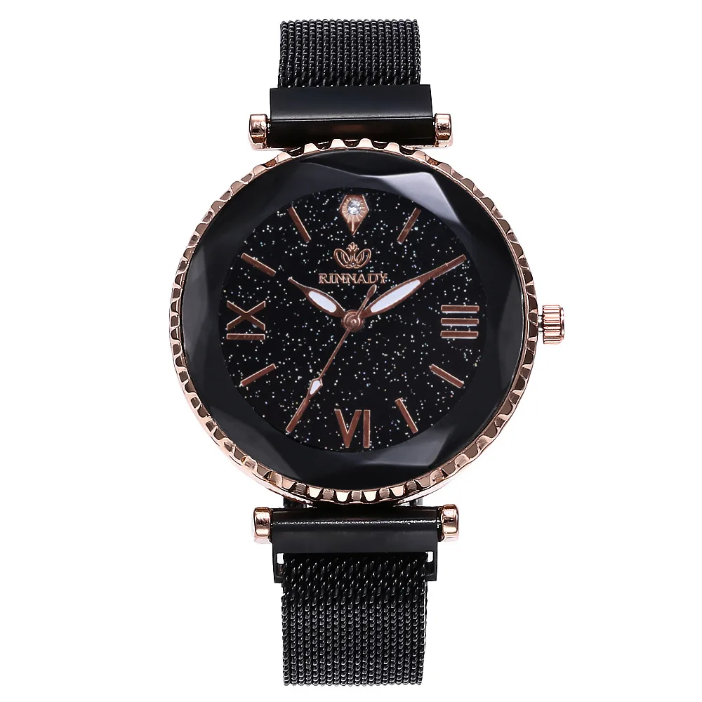 rinnady060black Женские часы из нержавеющей стали с сетчатым ремешком, наручные часы в римском стиле, модные кварцевые часы с магнитной пряжкой, роскошные часы Relojes Mujer - Цвет: rinnady060black