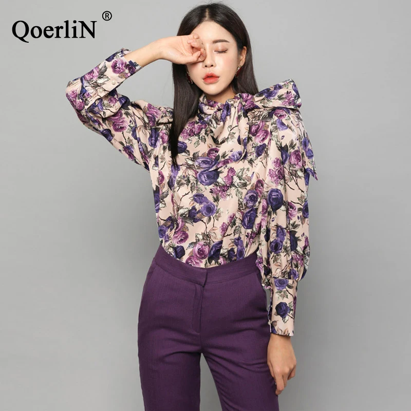 QoerliN элегантная офисная одежда женская блуза с бантом длинный рукав фонарик