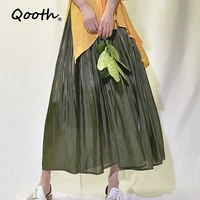 qooth summer pleated skirt high waisted smooth loose long midi skirt faldas mujer saias a line solid 12 colors skirts qh1995