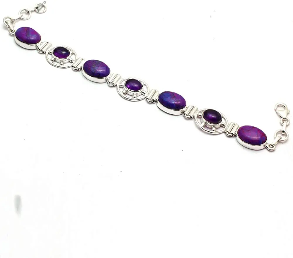 

Genuine Purple Copper Turquoise + Amethyst Bracelet 925 Sterling Silver,20.5 cm, GRP0337