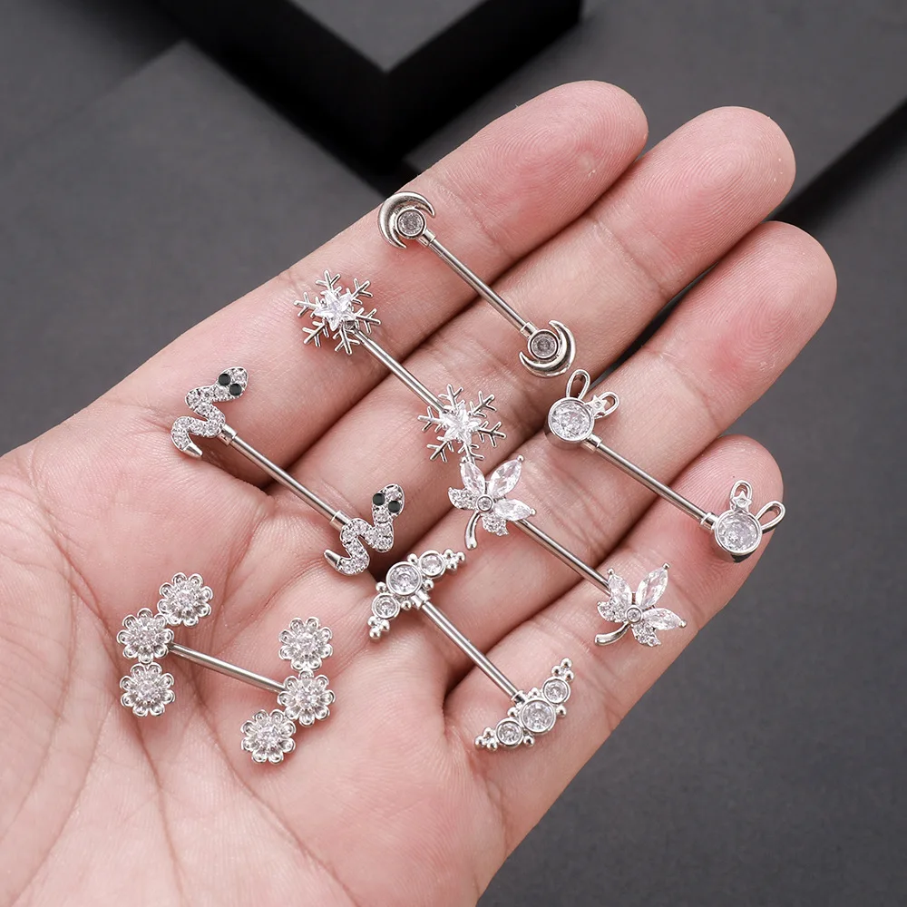 2PCS Surgical Steel Crystal Flower Nipple Rings Sexy Body Piercing Moon Bees Jewelry Snow Barbells Heart | Украшения и аксессуары