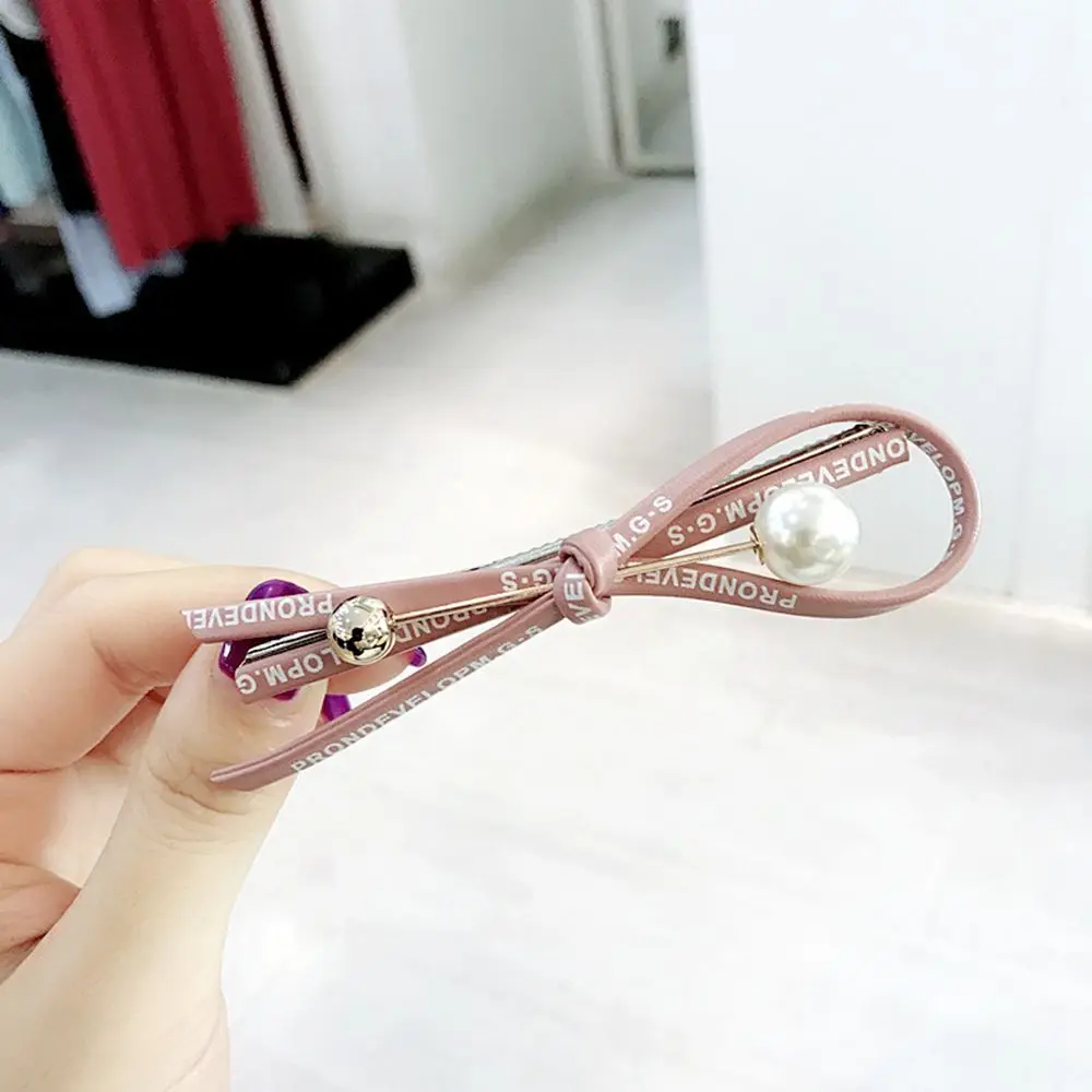 Женская заколка пряжка из искусственной кожи для волос с бантом и жемчужинами