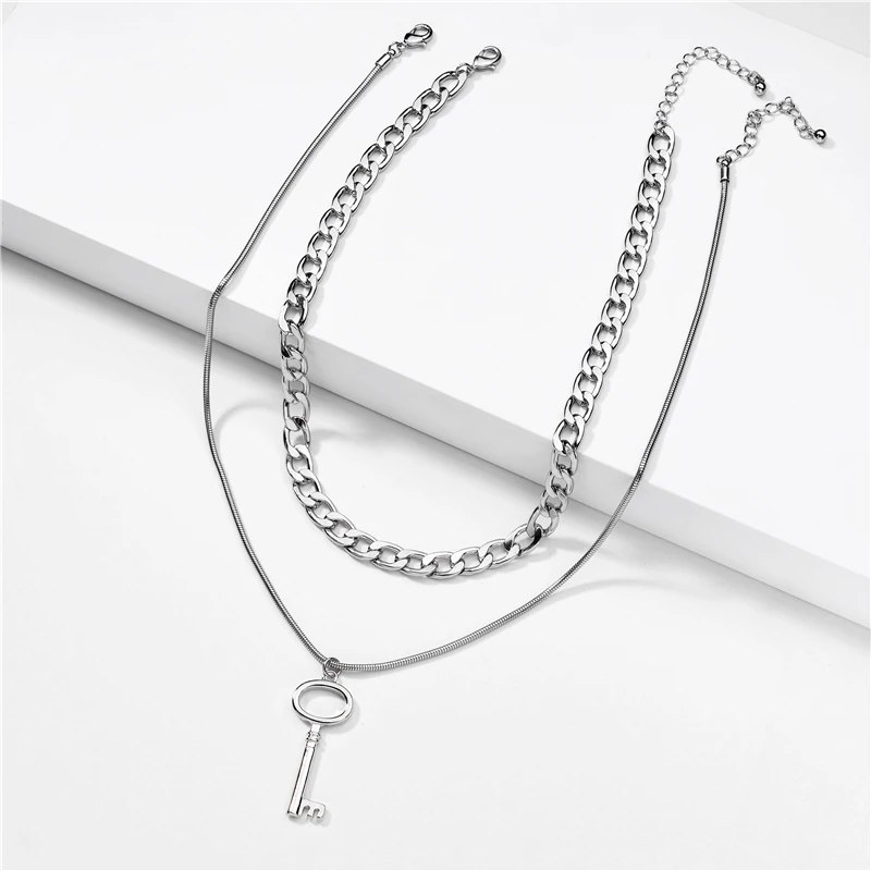 

Joolim Cool Gold & Silver Color lLink Chain Necklace 2 Rows Key Necklace Trendy Alloy Costume Jewelry Wholesale High Quality