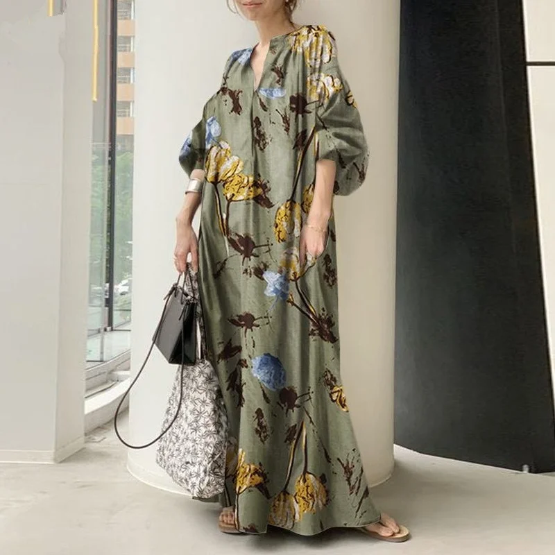 

Women's Cotton and Linen Dress Printing V-neck Simple Loose Lantern Sleeve Temperament Commuter Plus Size Pullover Long Skirt