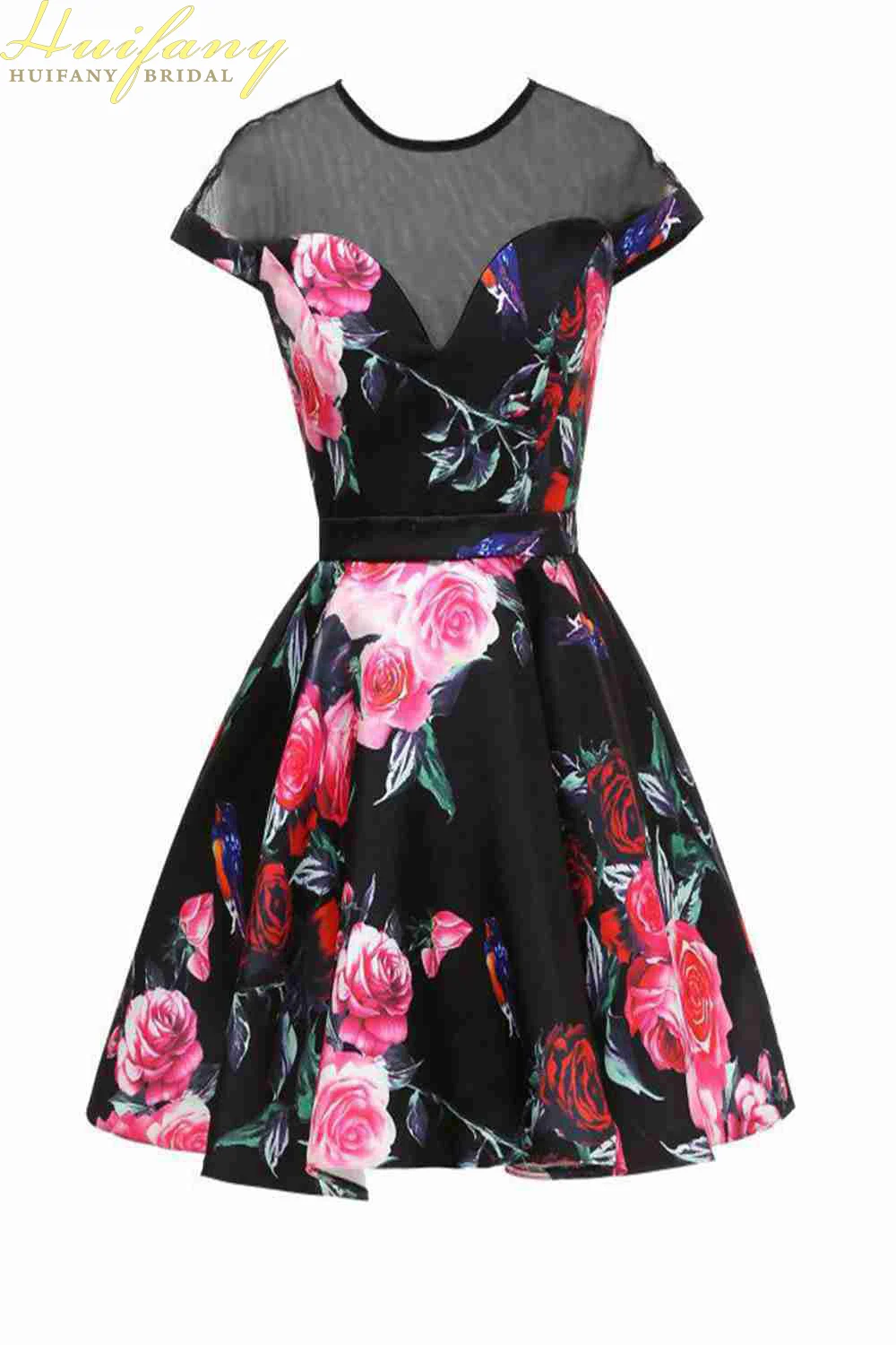 Fashion Pink Rose O-Neck Evening Dresses Flower Print Valentine's Day Dress Short A-Line Black Illusion Tulle Formal Party Gowns | Свадьбы