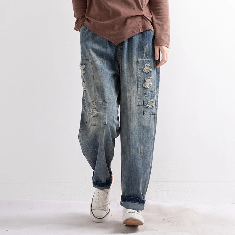 Эластичный пояс свободный светильник синие джинсы для женщин Ретро стиль 100 см на