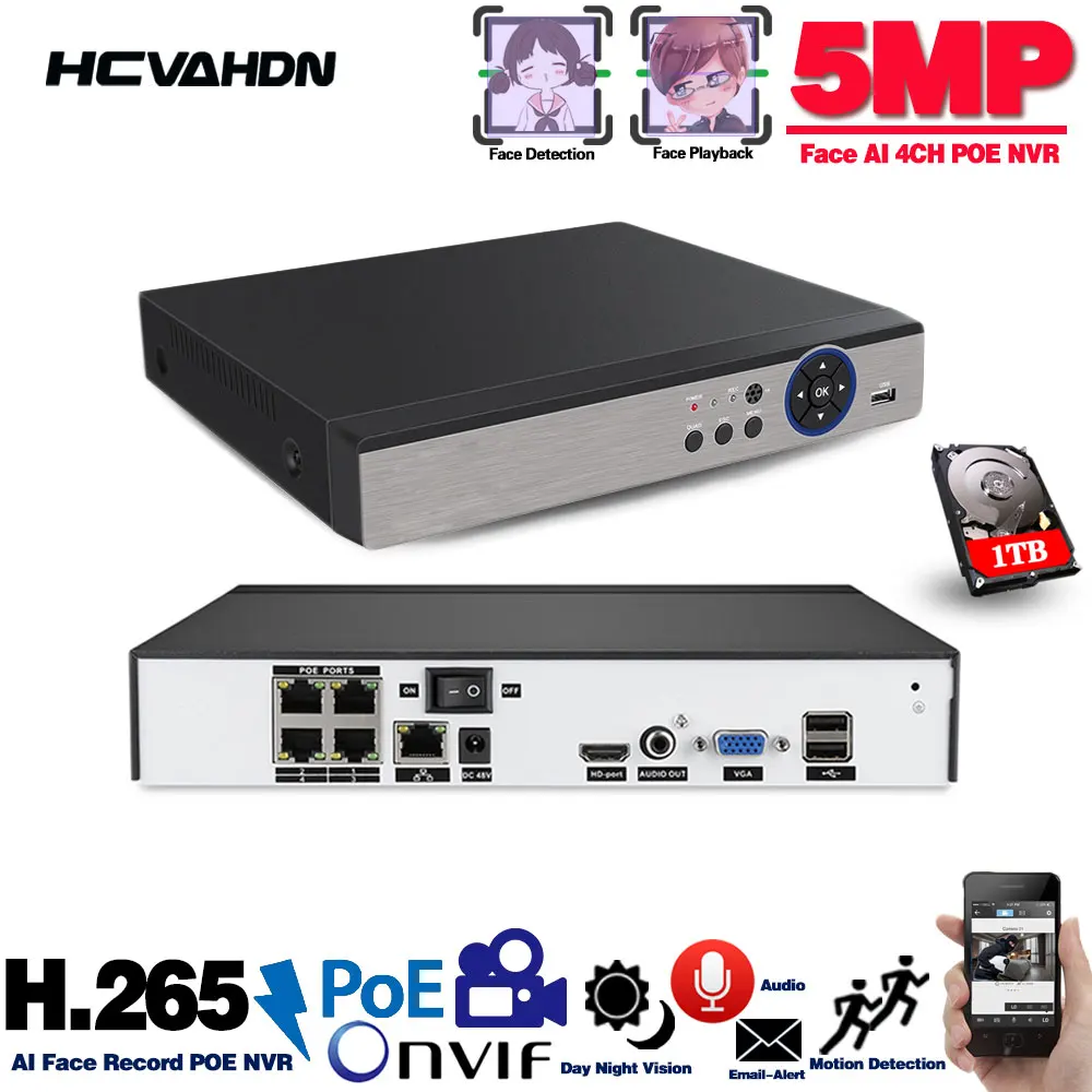 HCVAHDN H.265 5MP 4CH 48V POE NVR аудио выход Обнаружение движения видеонаблюдения