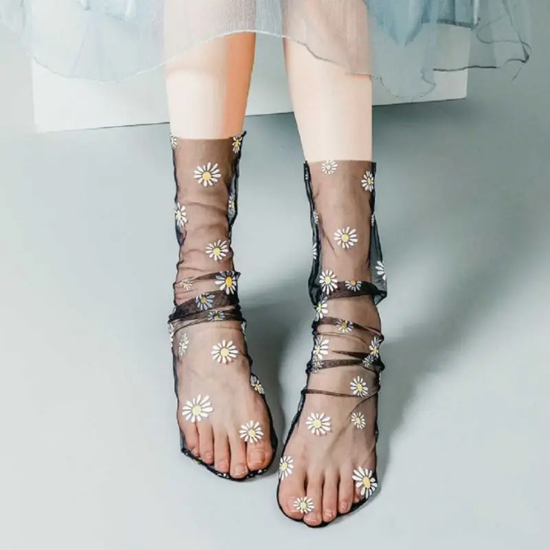 

Korean Women Transparent Mesh Loose Ankle Socks Sweet Daisy Sunflower Candy Color See Through Tulle Mid Tube Hosiery