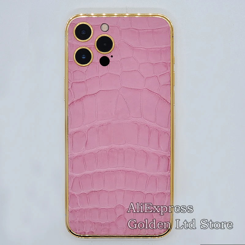 24K Gold Cherry blossom Pink Crocodile skin housing For Phone 13Pro Max leather Limited edition 12 11 Xs Middle Frame with Logo