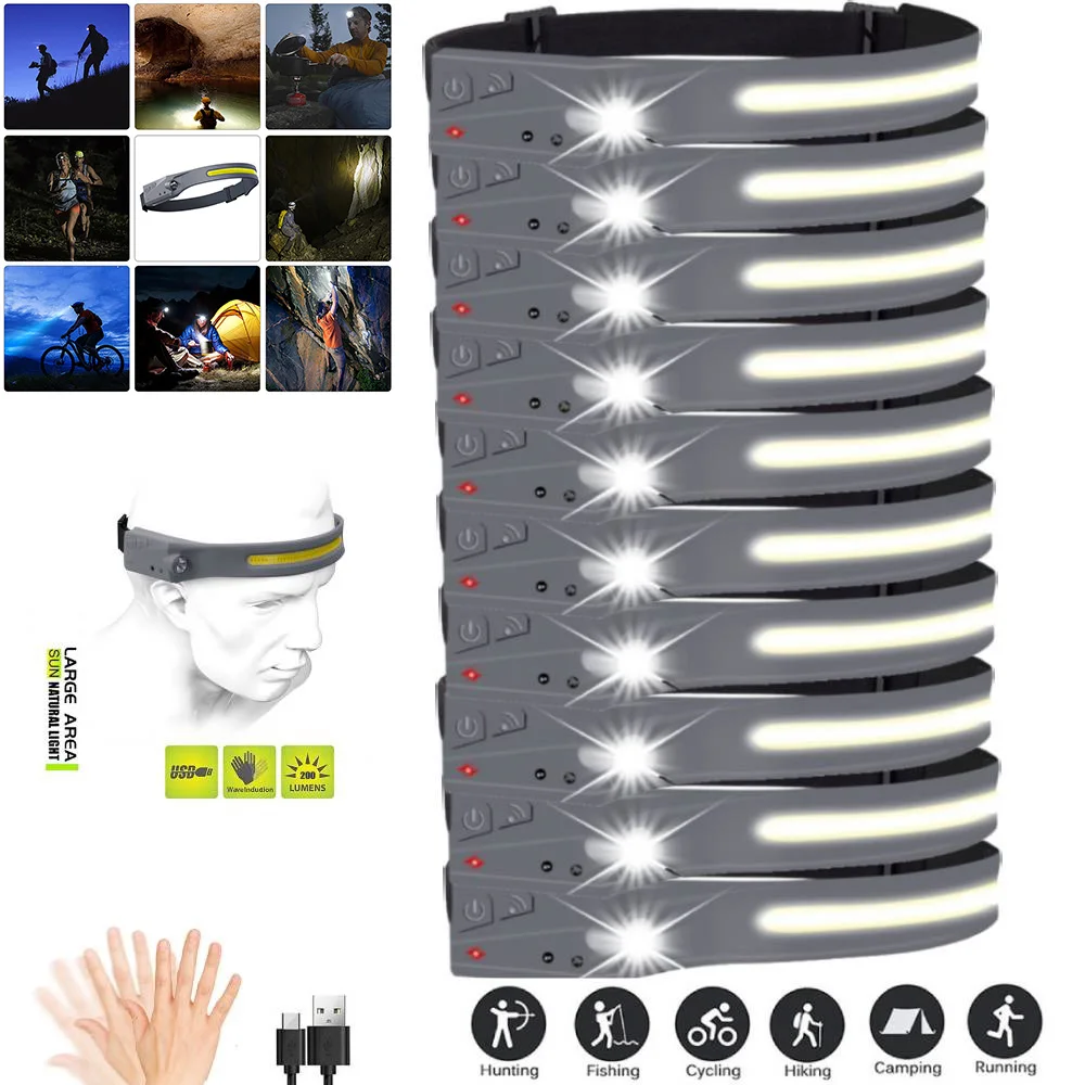 

1-10PCS LED COB Headlamp Flashlight 200 Lumens Rechargeable Waterproof Headlight for Running Camping Cycling Outdoor
