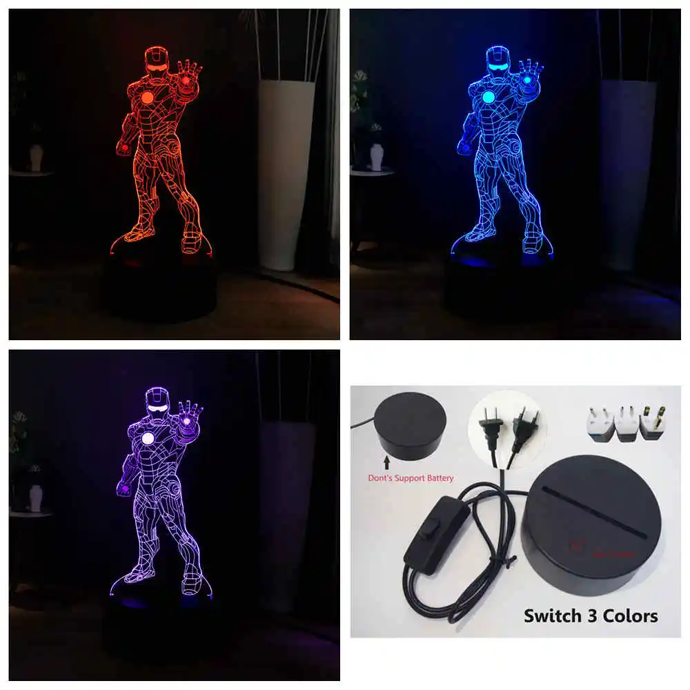 Switch 3 colors Фигурки Marvel светодиодный ночник RGB7colorful стоящий крутой Железный человек настольная лампа дети кабинет лампа Дети подарок на день рождения праздник - Испускаемый цвет: Switch 3 colors