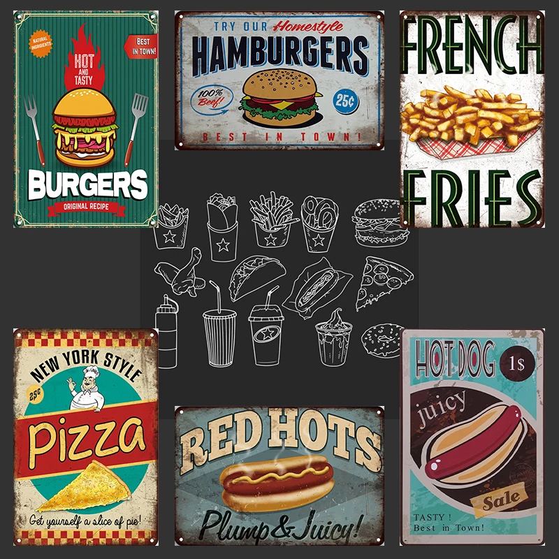 Быстрое питание Меню Бургер Хот Доги Время Пицца Ретро Металлический Знак Декорация Магазин Дом Стена Декор Тин Винтажная Пластина Постер