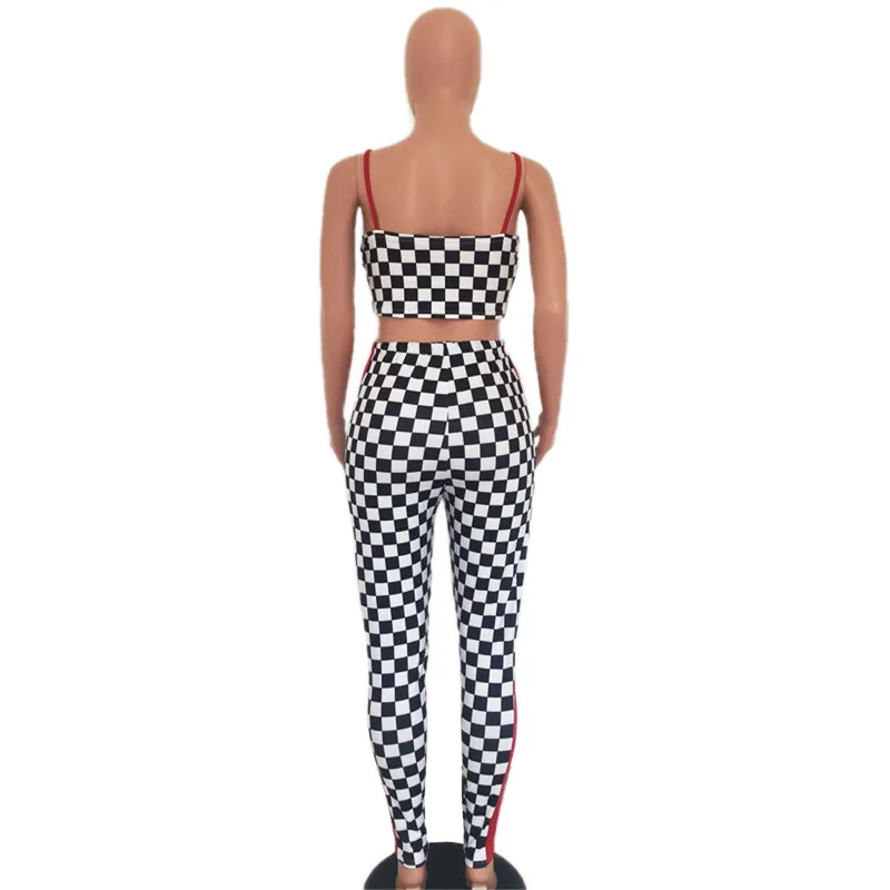 

Solid Color Plaid Print Spaghetti Strap & Trouses Summer Women Suit Sexy Style Model European and American 2 Piece Set