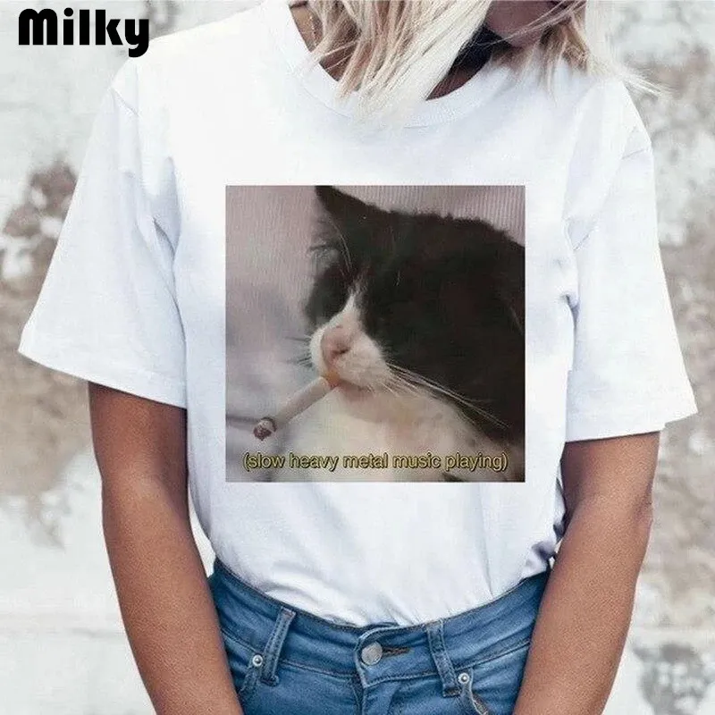 

Футболка Fuuny с изображением кошки для женщин, летняя женская футболка в стиле ольччан с медленным изображением тяжелого металла, футболка в ...