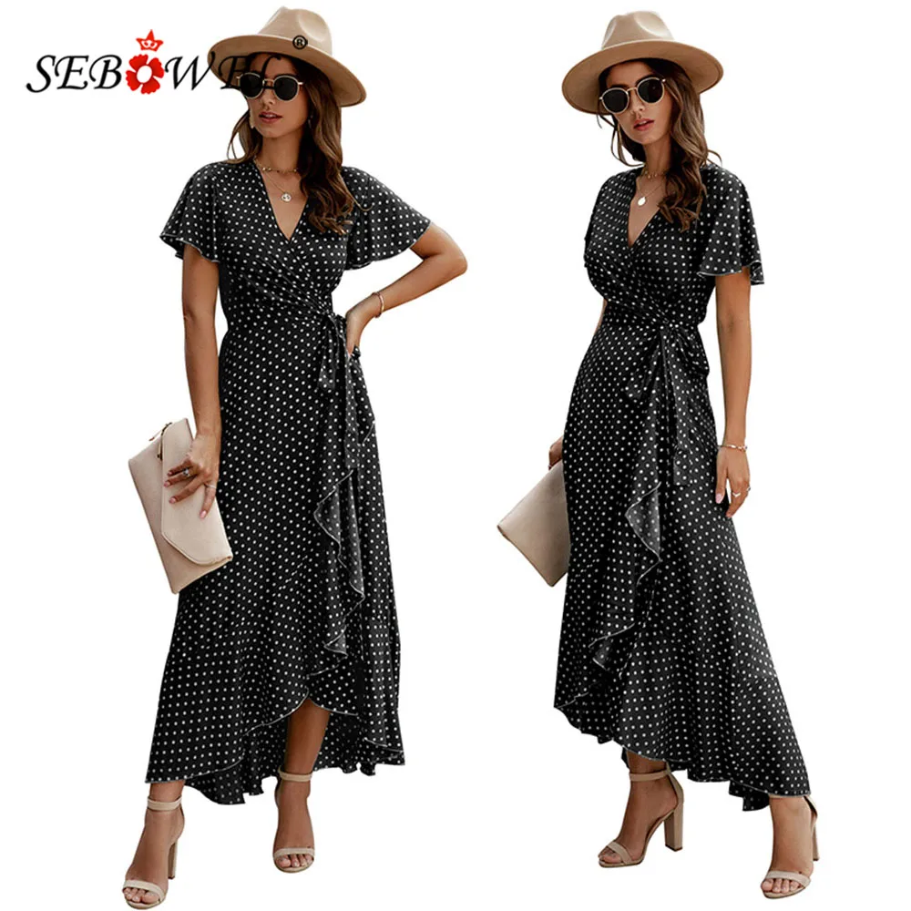 

Женское платье с запахом в горошек, V-образным вырезом и коротким рукавом